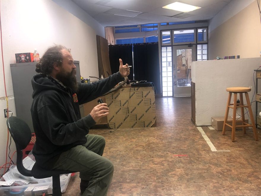 John Kornher at the IOOF Hall showing us the path his shadow figure took through the IOOF HALL